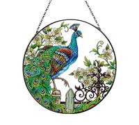 Zayookey Peacock Stained Glass Decor Window Hangings Ornament Peacock Suncatcher Panel Colorful Hand Painted Glass Wall Hangings Decorations for Garden Indoor Window