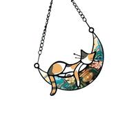 Zayookey Sleeping Cat on the Moon Window Hanging Suncatcher Panel Multicolor Cat Sun Catcher Stained Window Hangings Ornament for Wall Home Garden Decoration Gift