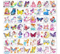 Zayvor 306CT Kids Temporary Tattoo Individually Wrapped Bulk, Butterfly Unicorn Mermaid Tattoos, Birthday Party Favor Supplies, Goodie Bag Filler Stuffers Halloween Christmas Makeup Costume