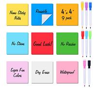 Zayvor 9 Dry Erase Sticky Notes,Reusable Washable Mini Whiteboard Stickers Squares,4x4 inch Nano Sticky Notes Post It Notes,8 Dry Erase Markers with Eraser,Labels Lists Reminders, Washable Removable