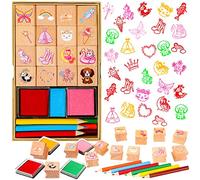 Zayvor Kids Stamps Set, Girls Wooden Rubber Stamp With Ink Pad Colored Pencil, Holiday Square Craft Stamp For Stamping Scrapbooking Crafting Booking Card Making Stocking Filler,Party Favor Gift
