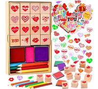 Zayvor Valentine Stamps Set, Square Wooden Rubber Stamp with Ink Pad, Colored Pencil, Stickers, Craft Kit