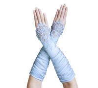 ZaZa Bridal Gathered Satin Fingerless Gloves w/Floral Embroidery Lace & Sequins, Light Blue, One size