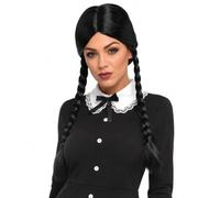 Zazzora Ladies Black Braided Halloween Wig Pigtails Wednesday Cosplay | Costume wig with centre parting and two braided pigtails, Wednesday Addams one size adult