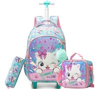 ZBAOGTW Backpack with Wheels for Girls Rolling Backpack for School Wheeled Backpacks for Girls with Lunch Box, Pink White Cat