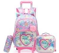 ZBAOGTW Backpack with Wheels for Girls Rolling Backpack for School Wheeled Backpacks for Girls with Lunch Box, Pink Cute Cat