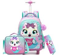 ZBAOGTW Rolling Backpack for Kids 8-12 Backpack with Wheels for Kids Roller Backpacks for School Elementary, Purple Cat Mermaid