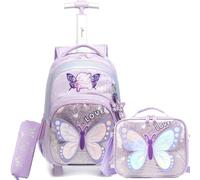 ZBAOGTW Rolling Backpack for Kids Backpack with Wheels for Girls Boys Wheeled Schoolbag Set with Lunch Bag & Pencil Case, A-purple Butterfly, 16.5*11.8*7.8in, Modern