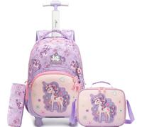 ZBAOGTW Rolling Backpack for Kids Backpack with Wheels for Girls Boys Wheeled Schoolbag Set with Lunch Bag & Pencil Case, A-purple Unicorn