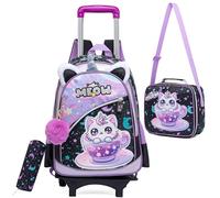 ZBAOGTW Rolling Backpack for Kids Rolling Backpack for School 8-12 Kids Backpacks with Wheels Back to School, Purple Cat