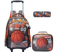 ZBAOGTW Rolling Backpack for Kids with Lunch Box Kids Backpack with Wheels for School, Black Basketbal, 16.5*11.8*7.9 inches