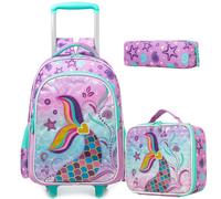 ZBAOGTW Rolling Backpack for Kids with Lunch Box Kids Backpack with Wheels for School, Blue Green Mermaid
