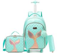 ZBAOGTW Rolling Backpack for Kids with Wheels Backpacks for Kids Travel Bags 3PCS Girls and Boys Backpack with Lunch Box, Mermaid Green