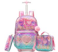 ZBAOGTW Rolling Backpack for Kids with Wheels Backpacks for Kids Travel Bags 3PCS Girls and Boys Backpack with Lunch Box, Pink Love