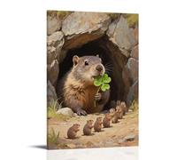 ZBBZJYHH A Groundhog Pokes Its Head Out of The Cave, Holding A Clover in Its Mouth, Followed by A String of Little Groundhogs Modern Artistic Wall Mural Hanging Decor Poster12x18inch(30x45cm)