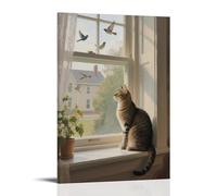 ZBBZJYHH A House Cat Squats on The Windowsill, Watching Birds Outside Modern Artistic Wall Mural Hanging Decor Poster20x30inch(50x75cm)