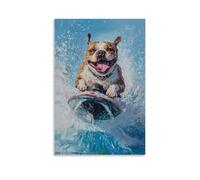 ZBBZJYHH Animal Oil Painting of A Dog Riding A Jetski, Tongue Out, Leaving Spray Against A Cyan Flat Background. Modern Artistic Wall Mural Hanging Decor Poster20x30inch(50x75cm)