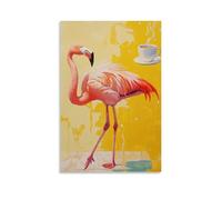 ZBBZJYHH Animal Oil Painting of A Flamingo Slipping on Soapy Tiles, Coffee Cup Soaring through Pastel Yellow Air. Modern Artistic Wall Mural Hanging Decor Poster16x24inch(40x60cm)