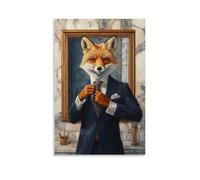 ZBBZJYHH Animal Oil Painting of A Fox Adjusting Its Silk Tie in A Marble Bathroom Mirror, Wearing A Perfectly Tailored Navy Suit. Modern Artistic Wall Mural Hanging Decor Poster20x30inch(50x75cm)
