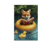 ZBBZJYHH Animal Oil Painting of A Fox Reading Adventure Novels While Floating on A Rubber Duck Pool Toy. Modern Artistic Wall Mural Hanging Decor Poster24x36inch(60x90cm)