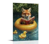 ZBBZJYHH Animal Oil Painting of A Fox Reading Adventure Novels While Floating on A Rubber Duck Pool Toy. Modern Artistic Wall Mural Hanging Decor Poster08x12inch(20x30cm)