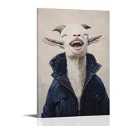 ZBBZJYHH Animal Oil Painting of A Goat Laughing While Trying to Fit Into An Oversized Navy Jacket, Set Against A Soft Beige Sky. Modern Artistic Wall Mural Hanging Decor Poster08x12inch(20x30cm)