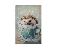 ZBBZJYHH Animal Oil Painting of A Hedgehog Falling Into A Coffee Cup, Floating Happily Among The Foam. Modern Artistic Wall Mural Hanging Decor Poster08x12inch(20x30cm)