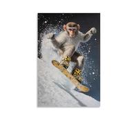 ZBBZJYHH Animal Oil Painting of A Monkey Snowboarding Sideways with Banana-print Boots on Moon White. Modern Artistic Wall Mural Hanging Decor Poster16x24inch(40x60cm)