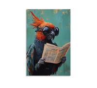 ZBBZJYHH Animal Oil Painting of A Parrot Wearing Monocle Glasses, Reading International News Under A Mint Backdrop. Modern Artistic Wall Mural Hanging Decor Poster12x18inch(30x45cm)