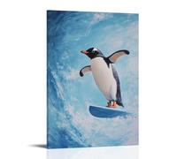 ZBBZJYHH Animal Oil Painting of A Penguin Performing A Backflip on A Surfboard over A Flat Ice Blue Background. Modern Artistic Wall Mural Hanging Decor Poster16x24inch(40x60cm)