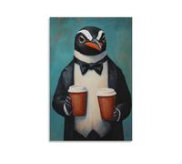 ZBBZJYHH Animal Oil Painting of A Penguin Wearing A Classic Black-tie Suit And Sipping Chilled Coffee Elegantly. Modern Artistic Wall Mural Hanging Decor Poster12x18inch(30x45cm)