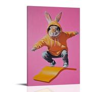 ZBBZJYHH Animal Oil Painting of A Rabbit in A Hoodie Performing A Frontside Air over A Carrot-shaped Ramp on A Solid Pink Backdrop. Modern Artistic Wall Mural Hanging Decor Poster12x18inch(30x45cm)