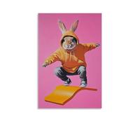 ZBBZJYHH Animal Oil Painting of A Rabbit in A Hoodie Performing A Frontside Air over A Carrot-shaped Ramp on A Solid Pink Backdrop. Modern Artistic Wall Mural Hanging Decor Poster12x18inch(30x45cm)