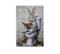ZBBZJYHH Animal Oil Painting of A Rabbit Sipping Hot Cocoa While Lounging on A Toilet And Reading Novels. Modern Artistic Wall Mural Hanging Decor Poster20x30inch(50x75cm)