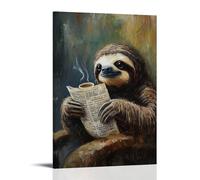 ZBBZJYHH Animal Oil Painting of A Sloth Sipping Coffee, Forgetting to Open The Newspaper for Hours. Modern Artistic Wall Mural Hanging Decor Poster12x18inch(30x45cm)