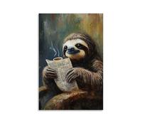 ZBBZJYHH Animal Oil Painting of A Sloth Sipping Coffee, Forgetting to Open The Newspaper for Hours. Modern Artistic Wall Mural Hanging Decor Poster12x18inch(30x45cm)