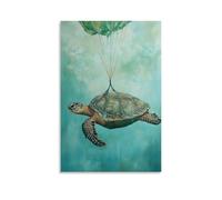 ZBBZJYHH Animal Oil Painting of A Turtle Drifting Upside Down in The Sky, Parachute Tangled But Calm on Soft Teal. Modern Artistic Wall Mural Hanging Decor Poster20x30inch(50x75cm)