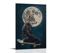 ZBBZJYHH Animal Oil Painting of A Wolf in A Leather Jacket Skateboarding Under A Full Moon on A Plain Dark Blue Background. Modern Artistic Wall Mural Hanging Decor Poster20x30inch(50x75cm)