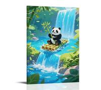 ZBBZJYHH Animal Poster, A Panda Sits on A Bamboo Raft Drifting Toward A Waterfall, Holding Bamboo, Water Splashing Modern Artistic Wall Mural Hanging Decor Poster16x24inch(40x60cm)