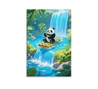 ZBBZJYHH Animal Poster, A Panda Sits on A Bamboo Raft Drifting Toward A Waterfall, Holding Bamboo, Water Splashing Modern Artistic Wall Mural Hanging Decor Poster20x30inch(50x75cm)