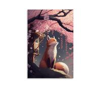 ZBBZJYHH Animal Posters A Gentle Little Fox Looking Out at The Cherry Blossom Tree Modern Artistic Wall Mural Hanging Decor Poster24x36inch(60x90cm)