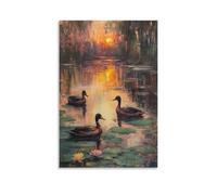 ZBBZJYHH Impressionist Oil Study of Ducks at Twilight, Water Lilies And Sunset Reflections Blurring Together Modern Artistic Wall Mural Hanging Decor Poster20x30inch(50x75cm)