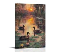 ZBBZJYHH Impressionist Oil Study of Ducks at Twilight, Water Lilies And Sunset Reflections Blurring Together Modern Artistic Wall Mural Hanging Decor Poster20x30inch(50x75cm)