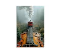 ZBBZJYHH Music Poster, Guitar Shaped Like A Steam Locomotive Blowing Smoke through The Sky Modern Artistic Wall Mural Hanging Decor Poster12x18inch(30x45cm)