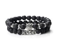 ZBDP 2pcs/set Couples Distance Owl Beaded Bracelet Natural Stone Black Lava Tiger Eye Weathered Stone Wristband Charm Strand