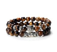 ZBDP 2pcs/set Couples Distance Owl Beaded Bracelet Natural Stone Black Lava Tiger Eye Weathered Stone Wristband Charm Strand