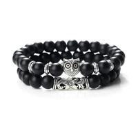 ZBDP 2pcs/set Couples Distance Owl Beaded Bracelet Natural Stone Black Lava Tiger Eye Weathered Stone Wristband Charm Strand