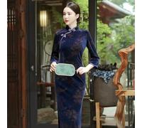 ZBDP Plus Size Navy Blue Women Cheongsam Long Sleeve Chinese Style Vintage Velvet Dress Slim Long Qipao for Winter