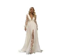 ZBDZSW Elegant Wedding Dresses Women Lace V-Neck Open Back Long Sleeve Bridal Gowns Train Applique White