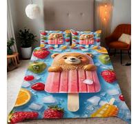 Zbeiba Cartoon brown bear fruit ice cream Pattern Duvet Cover and pillowcase,Microfiber Quilt Cove King Bedding Set 3 Piece(220x230+2 * 50x75,#1)
